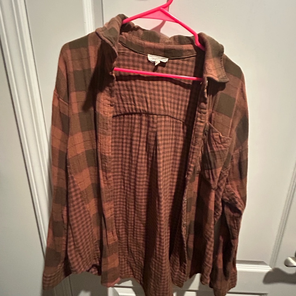 Mystree Brown and Dark Rust Checkered flannel button down segment Top